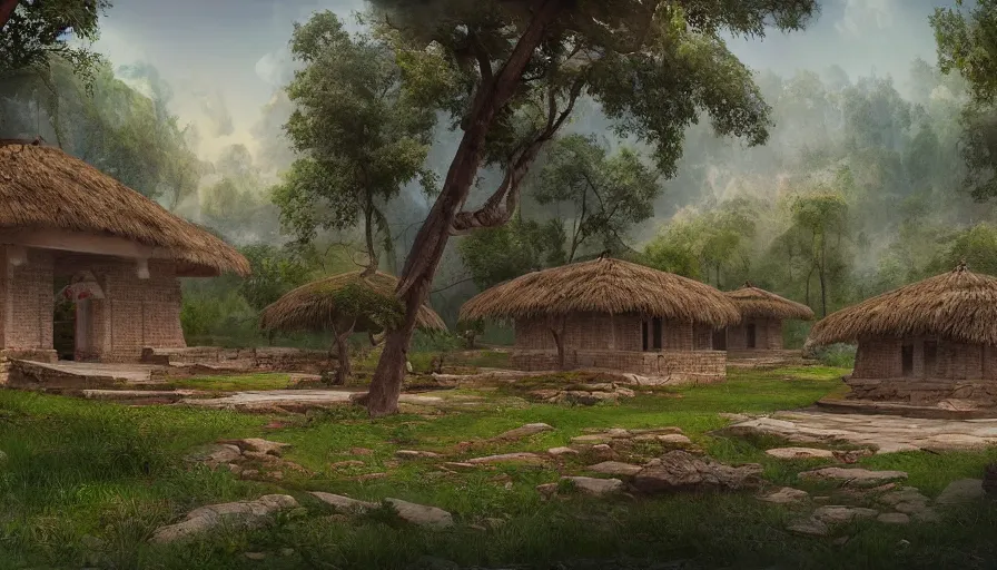 Prompt: matte painting of a beautiful dvaravati village, digital art, trending on artstation