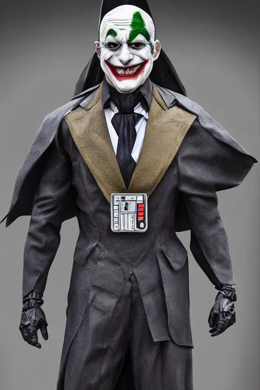 Prompt: Joker wearing vader's armor suit, realistic cosplay, joker face, full character, highly detailed, highly realistic