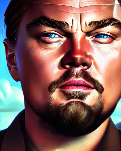Prompt: medium shot detailed portrait of leonardo dicaprio in don't look up, octane render, redshift, smooth, illustration, fairy lighting, clouds in the background, hyperrealistic, by dmitry prozorov, loish, and wlop, trending on artstation, hyperdetailed, hyperrealism