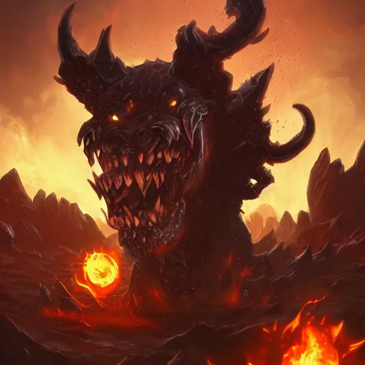 Image similar to hell cerberus, hell background, epic fantasy style, in the style of Greg Rutkowski, hearthstone artwork