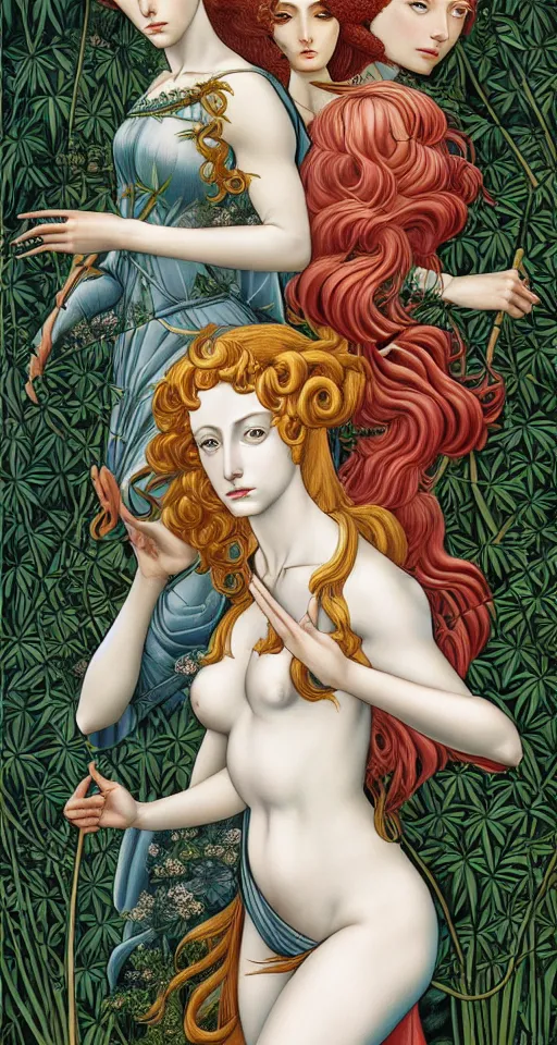 Image similar to three amazon queens, in a mixed style of Botticelli and Æon Flux, inspired by pre-raphaelite paintings and shoujo manga, surrounded by a misty jungle landscape, hyper detailed, stunning inking lines, flat colors, 4K photorealistic