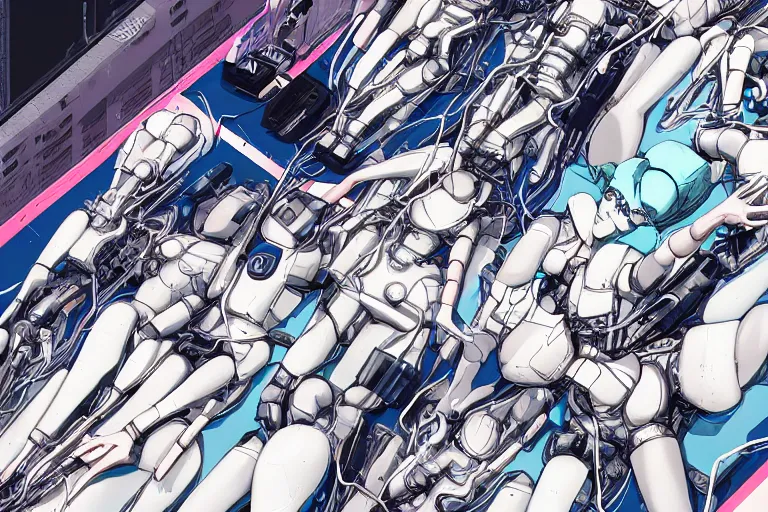 Image similar to a cyberpunk illustration of a group of female androids in style of yukito kishiro, lying on an abstract, empty, white floor with their body parts scattered around in various poses and cables and wires coming out, by masamune shirow and katsuhiro otomo, hyper-detailed, intricate, view from above