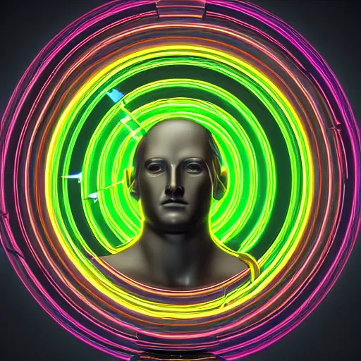 Prompt: a renaissance statue head surrounded by a 3 d rendered neon circle, black background, ray tracing, 8 k resolution, sharp focus, hyper detailed, hyper realistic