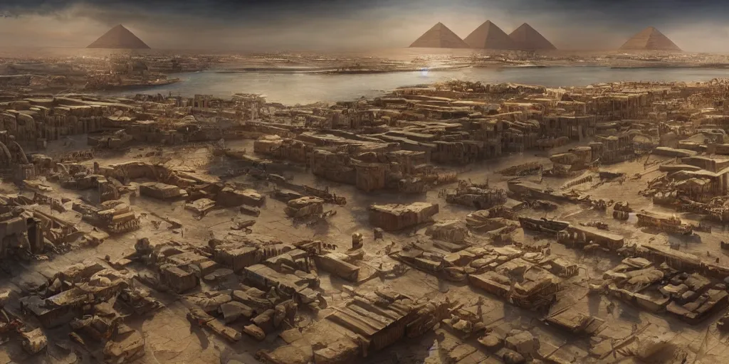 Image similar to beautiful matte painting of a egyptian city port by weta workshop 8 k, cinematic dramatic atmosphere, dramatic lighting