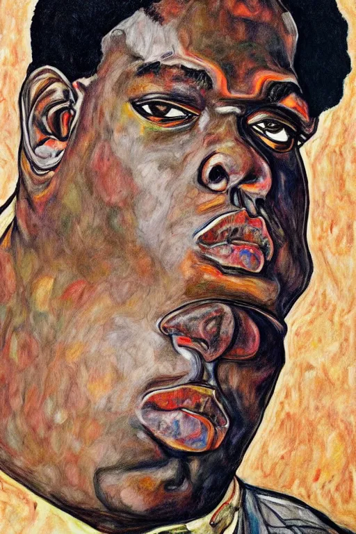 Image similar to a full body portrait of biggie smalls in style of egon schiele, masterpiece, hyperdetailed, complex, intricate, 4 k, trending on artstation