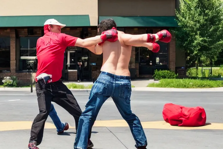 Image similar to two men fighting outside of an Applebee's