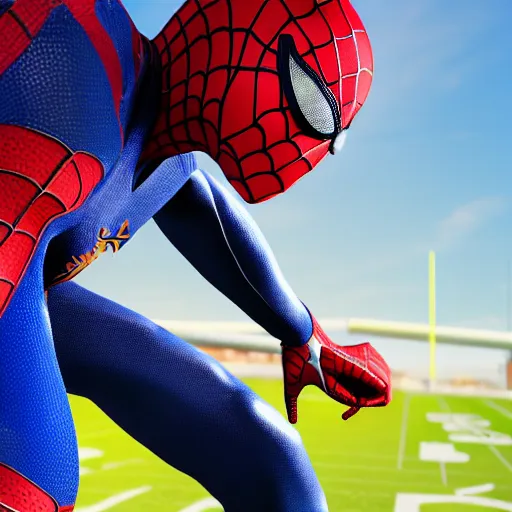 Image similar to a closeup photorealistic photograph of a spider man themed la rams football player. professional capture. bright scene. this 4 k hd image is trending on artstation, featured on behance, well - rendered, extra crisp, features intricate detail, epic composition and the style of unreal engine.