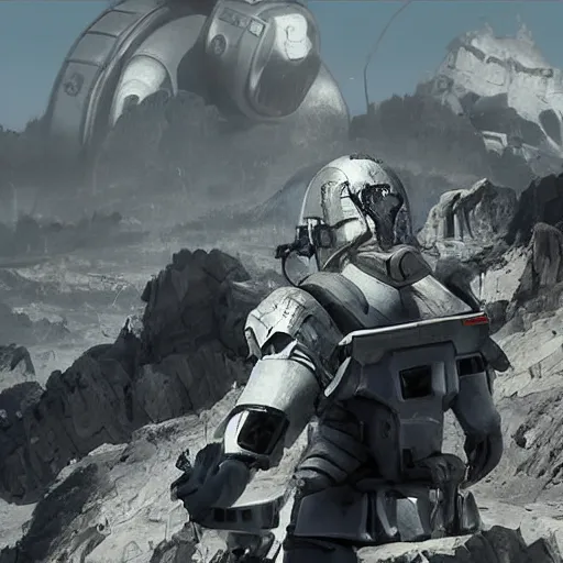 Prompt: photograph of an stern old man wearing futuristic gray heavy exosuit armor with navy blue detailing holding a white plastoid shield in his left hand and a blaster in his right hand. in the background there is a scifi battle taking place with trenches and force - field generator trucks and laser machineguns on a rolling green plains with snowcapped mountains in the distance. science fiction.