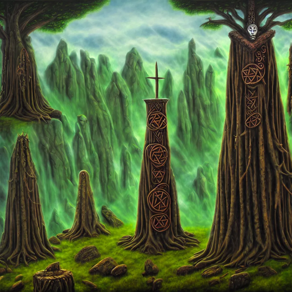 Prompt: druidic ritual, druids, wood totem, on a hill, a detailed matte painting, fantasy, depth of field, grim, dark, oil on canvas