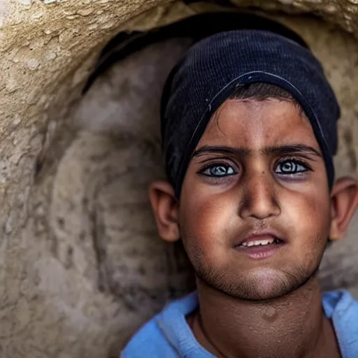 Image similar to palestina boys criend in mother tomb, ai image upscaler, hyperrealistic, very details, pulitzer award winner, extreme close up, realistic human shape