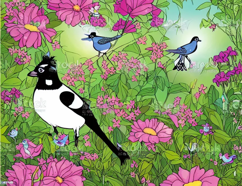 Prompt: magical magpie in a cottage garden. this vector art by the beloved children's book illustrator has a beautiful composition, interesting color scheme, flat shading.