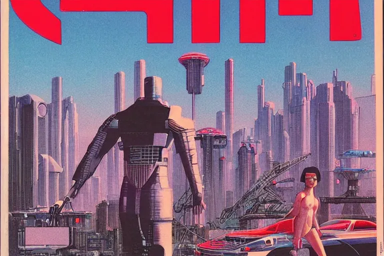 Image similar to 1979 OMNI Magazine Cover of a crystal Pepsi. In the background neo-Tokyo seawall. in cyberpunk style by Vincent Di Fate