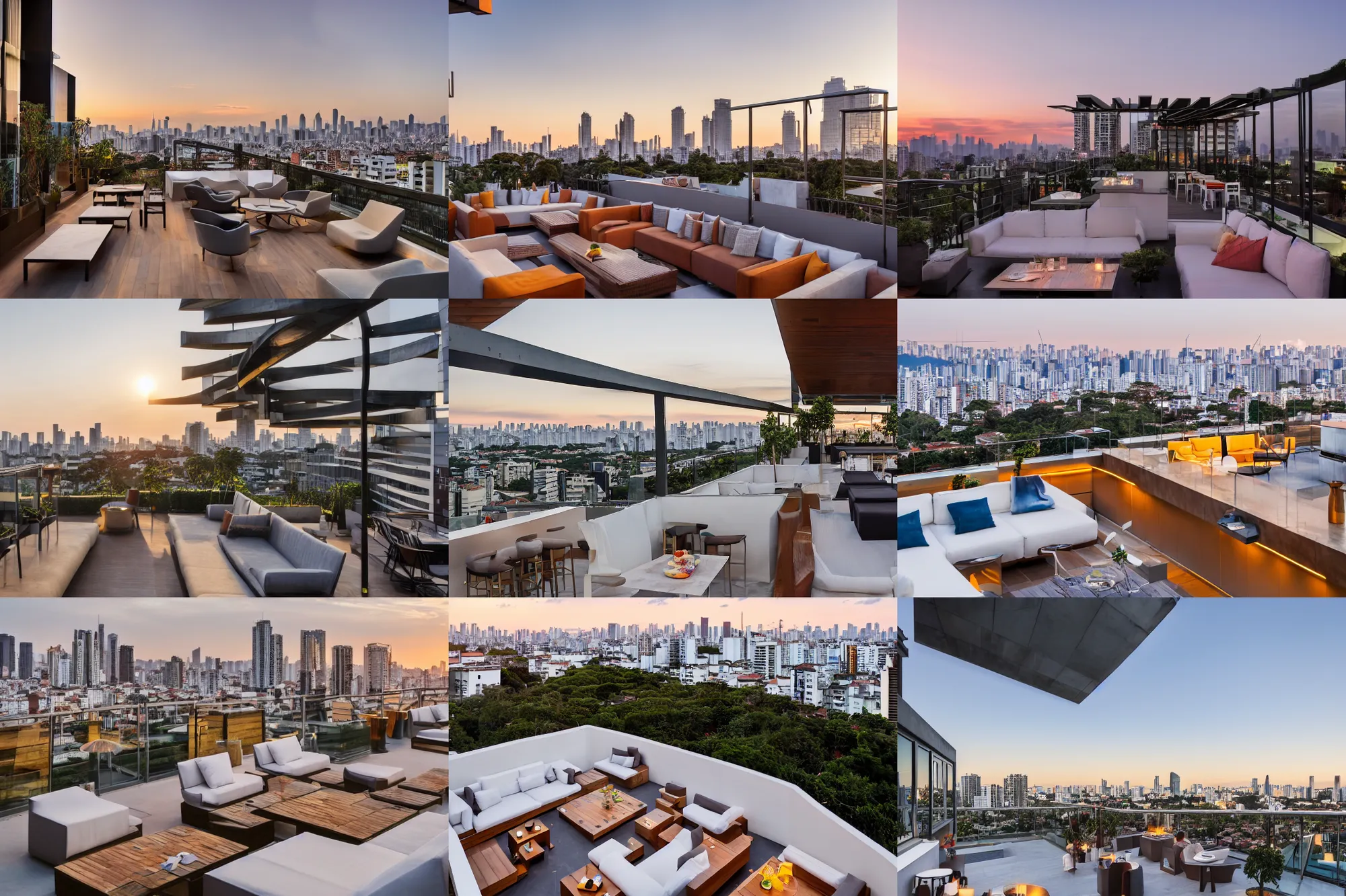 Prompt: rooftop bar of a modern high-end residential modern apartment designed by arthur casas located in são paulo overlooking the city at golden hour