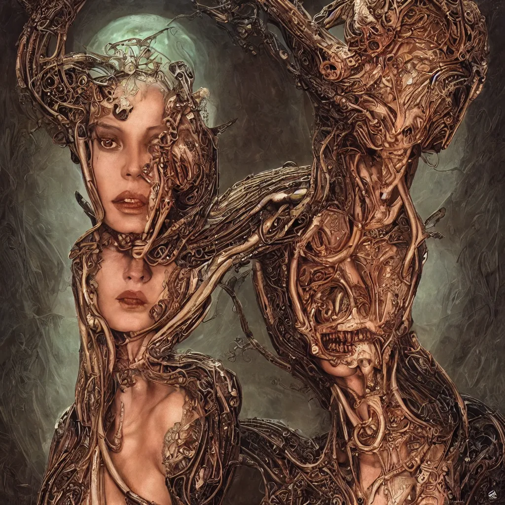 Image similar to beautiful and exotic alien queen body portrait, glowering judging eyes, art nouveau declotage, perfect symmetrical facial features, hyperrrealistic bone structure, extremely hyperdetailed, mixed media painting, unreal engine, 8 k, octane, 8 mm, by travis charest, rodney matthews, olivia de bernardinis