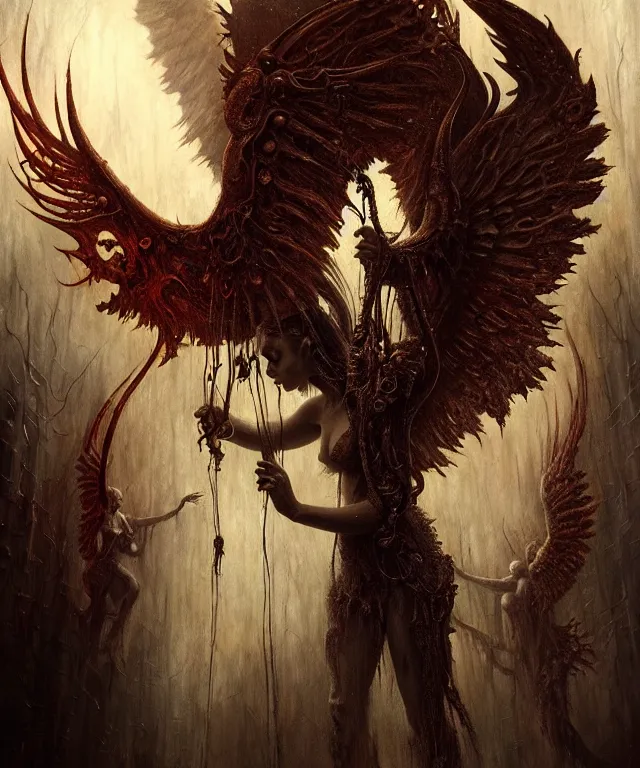 Image similar to epic professional digital art of angels and demons, horrific yet beautiful vibe, evocative, atmospheric lighting, painted, intricate, highly detailed, by leesha hannigan, wayne haag, reyna rochin, ignacio fernandez rios, mark ryden, iris van herpen, artstation, cgsociety, stunning, gorgeous, sharp focus, cinematic, masterpiece