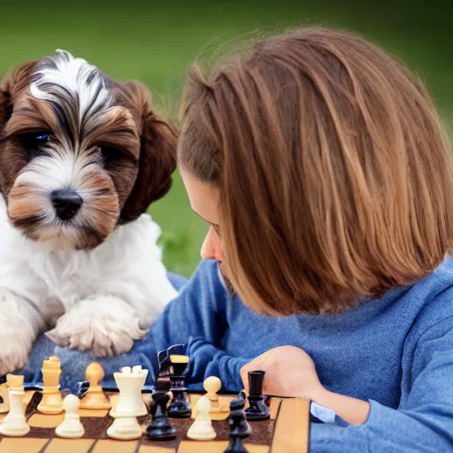 Image similar to light brown and black havanese puppy playing chess against a young girl