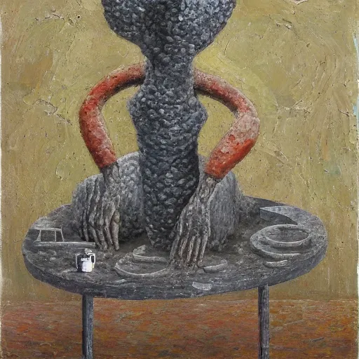 Image similar to a detailed impasto painting by shaun tan and ivan seal of an abstract forgotten sculpture by the caretaker and louise bourgeois