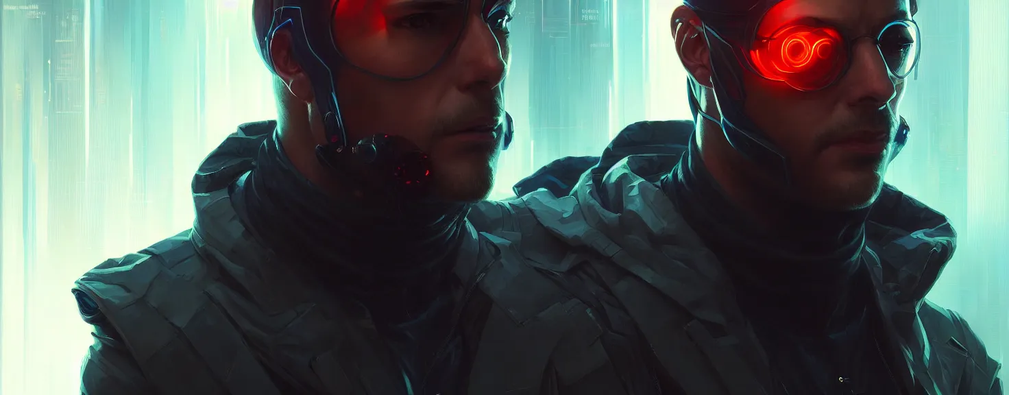 Image similar to Hacker cyberpunk man portrait, highly detailed, digital painting, artstation, concept art, smooth, sharp focus, illustration, art by artgerm and greg rutkowski and alphonse mucha