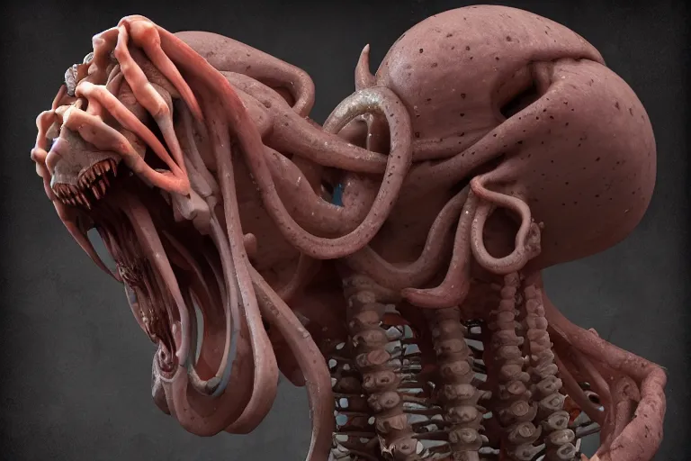Prompt: a squid monster eating a person, john carpenter, eighties practical horror special effects, cosmic horror, protruding bones, trending on zbrush central, neoplasticism, lovecraftian, zbrush, biomorphic, nightcafe