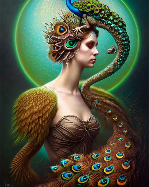 Prompt: a detailed portrait of dreampunk princess peacock python hybrid mix beautiful! jewlled by tomasz alen kopera and peter mohrbacher