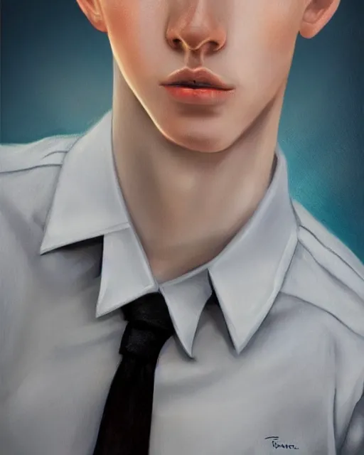 Image similar to portrait of 1 5 - year - old boy, a tall, slender boy with a pale, pointed face, sleek blond hair, and ice grey eyes, wearing in shirt, hyper realistic face, beautiful eyes, character art, art by mark brooks, trending on artstation, digital art