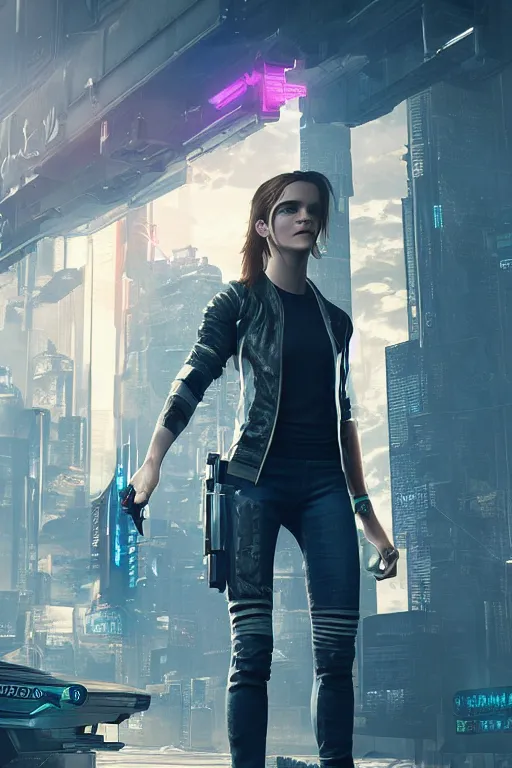 Image similar to Emma Watson in Cyberpunk 2077. 3D Render