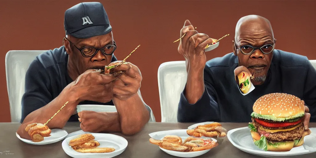 Image similar to highly detailed portrait painting of samuel l jackson eating burger in russia, perfect symmetrical eyes, by eddie mendoza and tyler edlin, 8 k resolution