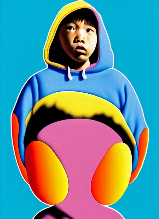 Prompt: kid wearing a hoodie by shusei nagaoka, kaws, david rudnick, airbrush on canvas, pastell colours, cell shaded, 8 k,