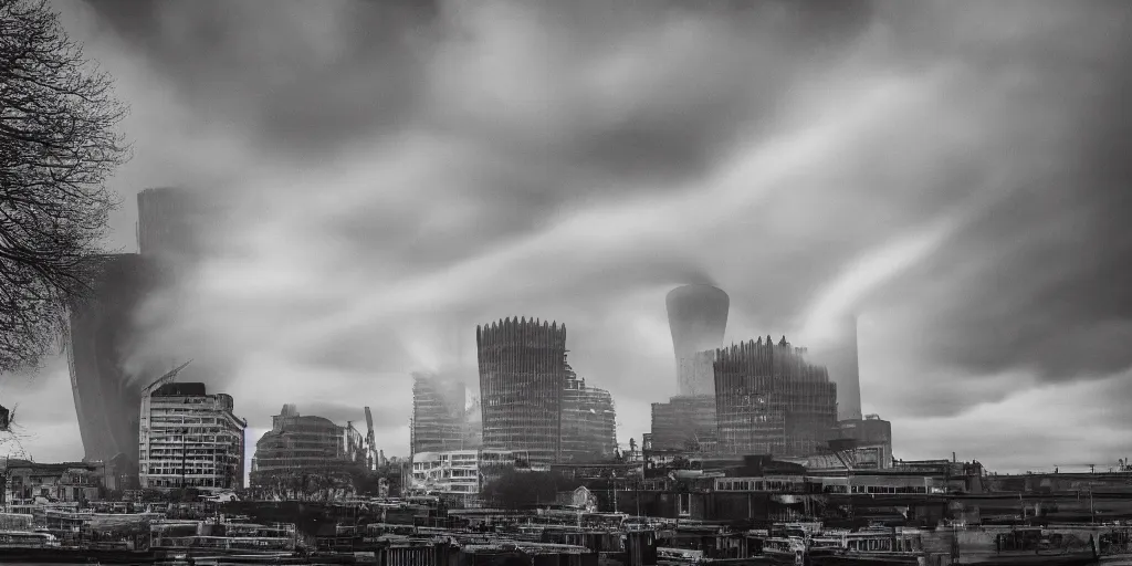 Prompt: a nuclear landscape of the southbank centre in london, the london eye and big ben are still standing, collapsed brutalist architecture, groups of human figures stagger amongst the ruins, fog, dust atmosphere, brooding clouds, mushroom cloud, detailed, 4k