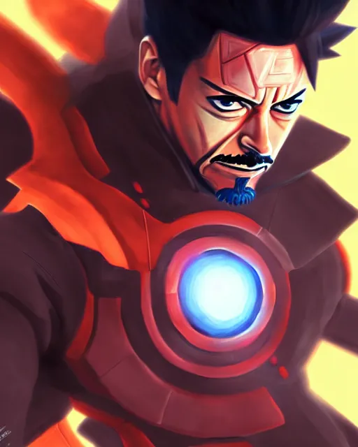 Prompt: tony stark in naruto fighting naruto, medium shot close up, details, sharp focus, illustration, by jordan grimmer and greg rutkowski, trending artstation, pixiv, digital art