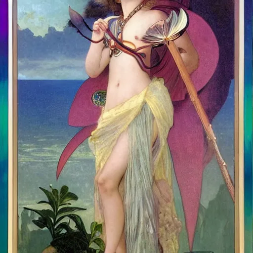 Image similar to Demon Girl at the palace, refracted sparkles, thunderstorm, greek pool, beach and Tropical vegetation on the background major arcana sky, by paul delaroche, alphonse mucha and arnold böcklin, hyperrealistic 8k, award-winning, very very very detailed