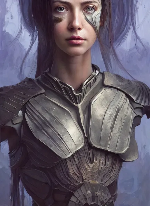 Image similar to a professional painting of a beautiful young female alien, clothed in ethereal armor, olive skin, long dark hair, beautiful bone structure, symmetrical facial features, intricate, elegant, digital painting, concept art, smooth, sharp focus, illustration, from Valerian and the City of a Thousand Planets, by Ruan Jia and Mandy Jurgens and Artgerm and William-Adolphe Bouguerea