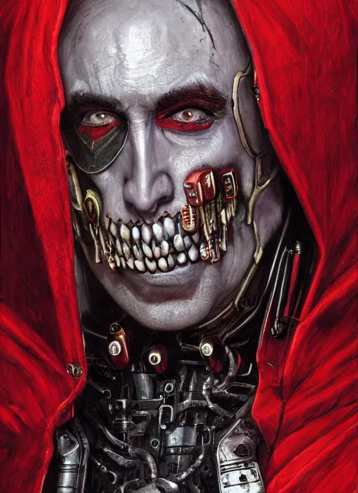 Image similar to portrait of rotten Nicolas Cage as adeptus mechanicus in red hood and robe from Warhammer 40000. Highly detailed, artstation, illustration by and John Blanche and zdislav beksinski and wayne barlowe