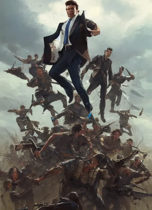 Image similar to epic cinematic action artwork of a man in his twenties with brown hair wearing a blue business suit and holding a briefcase standing defiantly in front of an army of warriors by Greg Rutkowski, 4k, masterpiece