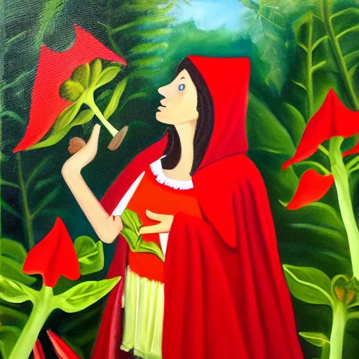 Image similar to oil painting of little red riding hood gazing up at brugmansia suaveolens flowers