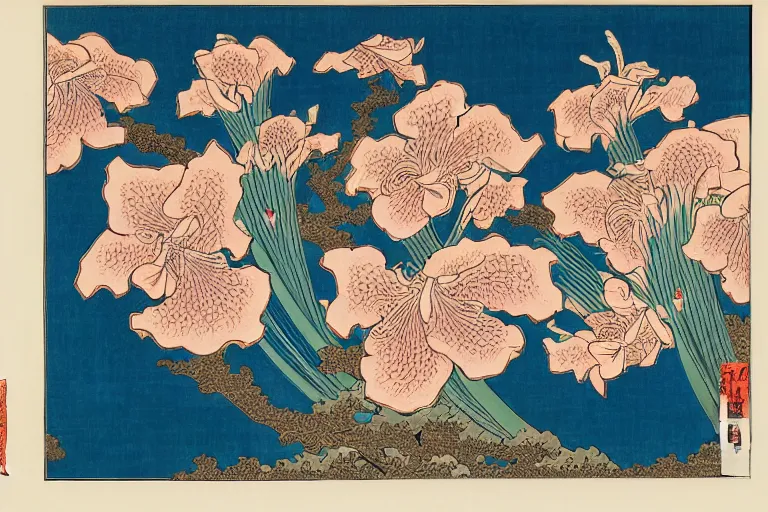 Image similar to a beautiful and hyperdetailed ukiyo - e drawing of tangled irises and flowers by katsushika hokusai, in style by utagawa kuniyoshi and utagawa hiroshige, japanese print art, intricate, elegant, complex, 4 k