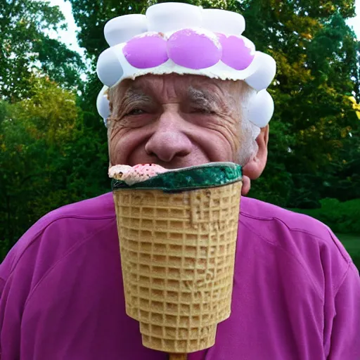 Image similar to a photograph of an old man wearing an elaborate ice cream cone costume