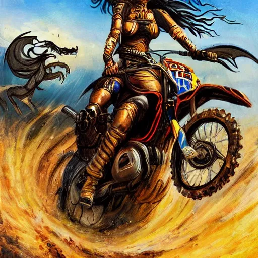 Image similar to a painting of a woman warrior riding a dirt bike in the middle of epic fantasy fight with a huge black dragon