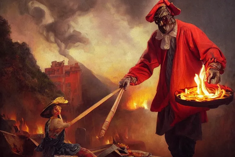 Image similar to a highly detailed oil painting of pulcinella!!! from naples with a pizza!! and lots of fire, a volcano and dark smoke, an ultrafine detailed painting by achille superbi, dramatic lighting, trending on deviantart, sharp focus, octane, masterpiece