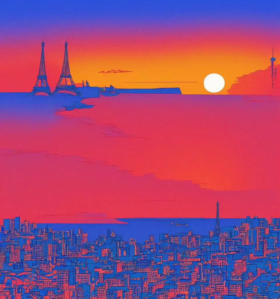 Image similar to gorgeous romantic sunset, cliffside onlooking the beautiful city of paris, warm colors, tropical, in the style of hiroshi nagai, very detailed, tropical, 8 0 s