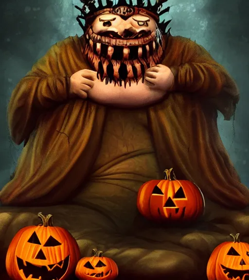 Image similar to a tim burton design of a unnerving king creature made of pumpkin, wearing a robe, giant and fat, laughing, sitting on a stone throne, detailed game art illustration, menacing carved facial expression, creepy lighting, dynamic pose, 4 k artstation, masterpiece
