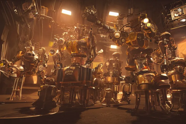 Prompt: backstage at a festival, 3 futuristic steampunk robots sitting on chairs drinking beer, on the table and floor are many bottles of beer and wiskey, exaggerated detailed, unreal engine