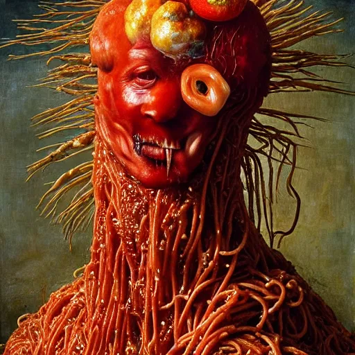 Image similar to a boy made of spaghetti and tomato sauce riding on a giant rhino, looking straight into camera, screaming in pain, by giuseppe arcimboldo and ambrosius benson, renaissance, fruit, intricate and intense oil paint, a touch of beksinski and hr giger and edward munch, realistic