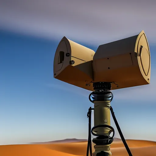 Image similar to mobile camoflaged rugged weather station sensor antenna on tank treads, for monitoring the australian desert, XF IQ4, 150MP, 50mm, F1.4, ISO 200, 1/160s, dawn