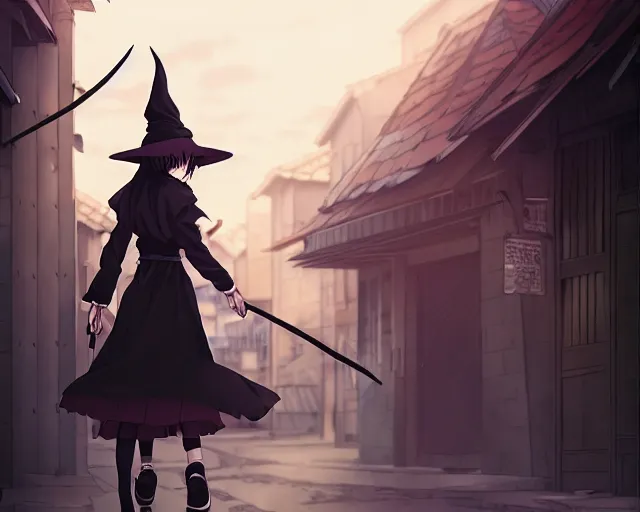 Image similar to key anime visual portrait of a young female witch walking through a busy village, dynamic pose, dynamic perspective, cinematic, dramatic lighting, muted colors, detailed silhouette, textured, finely detailed eyes, anime proportions, kentaro miura, anmi