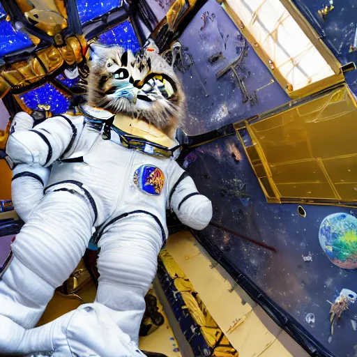 Prompt: high-energy full body main coon TY beanie baby wears a spacesuit and floats close-up next to the james webb space telescope in outer space, 8k highly professionally detailed, HDR, photorealistic