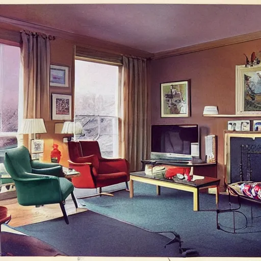 Prompt: a typical American living room from 1950