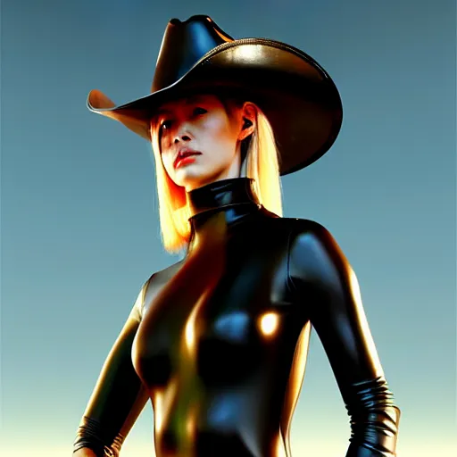 Prompt: a painting of a woman wearing a leather body - suit! wearing a cowboy hat!, cyberpunk art by yumihiko amano, cgsociety, figurative art, toonami, zbrush, official art