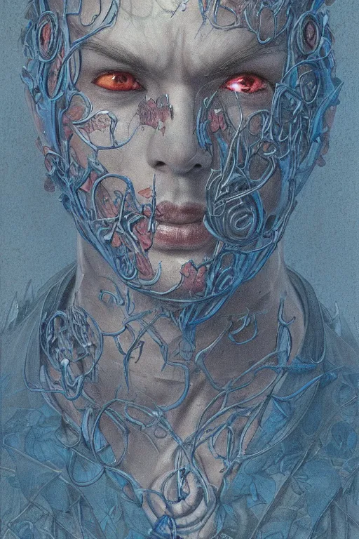 Image similar to portrait of beautiful young man, warhammer, japanic style, cyberpunk, a lot of scars, more and more flowers, blue head, the middle ages, highly detailed, artstation, illustration, art by jean delville, 8 k quality