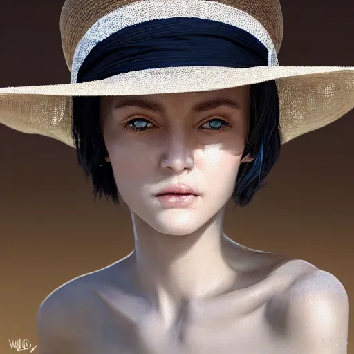 Prompt: a blind girl with white hair wearing a straw hat in the desert, digital art, 8 k resolution, unreal engine, highly detailed, pretty face, very beautiful face, feminine face, very detailed eyes, photorealistic by wlop, greg rutkowski